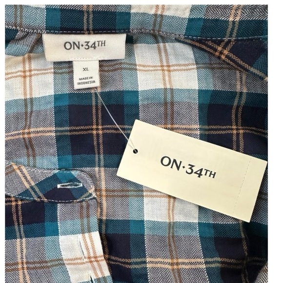 On 34th Collarless Women’s Plaid Flannel Button Down Shirt Blue NWT Size XL - Picture 7 of 16